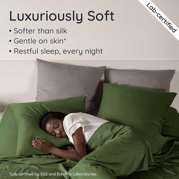 Bambaw 100% Viscose Derived from Bamboo Sheets Queen Size Set 4pcs Cooling Sheet Set, Super Soft Sheets Queen Size, Luxury Bedding, Deep Pocket Fits Up to 16'' Mattresses (Olive)