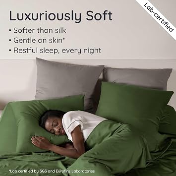 Bambaw 100% Viscose Derived from Bamboo Sheets Queen Size Set 4pcs Cooling Sheet Set, Super Soft Sheets Queen Size, Luxury Bedding, Deep Pocket Fits Up to 16'' Mattresses (Olive)