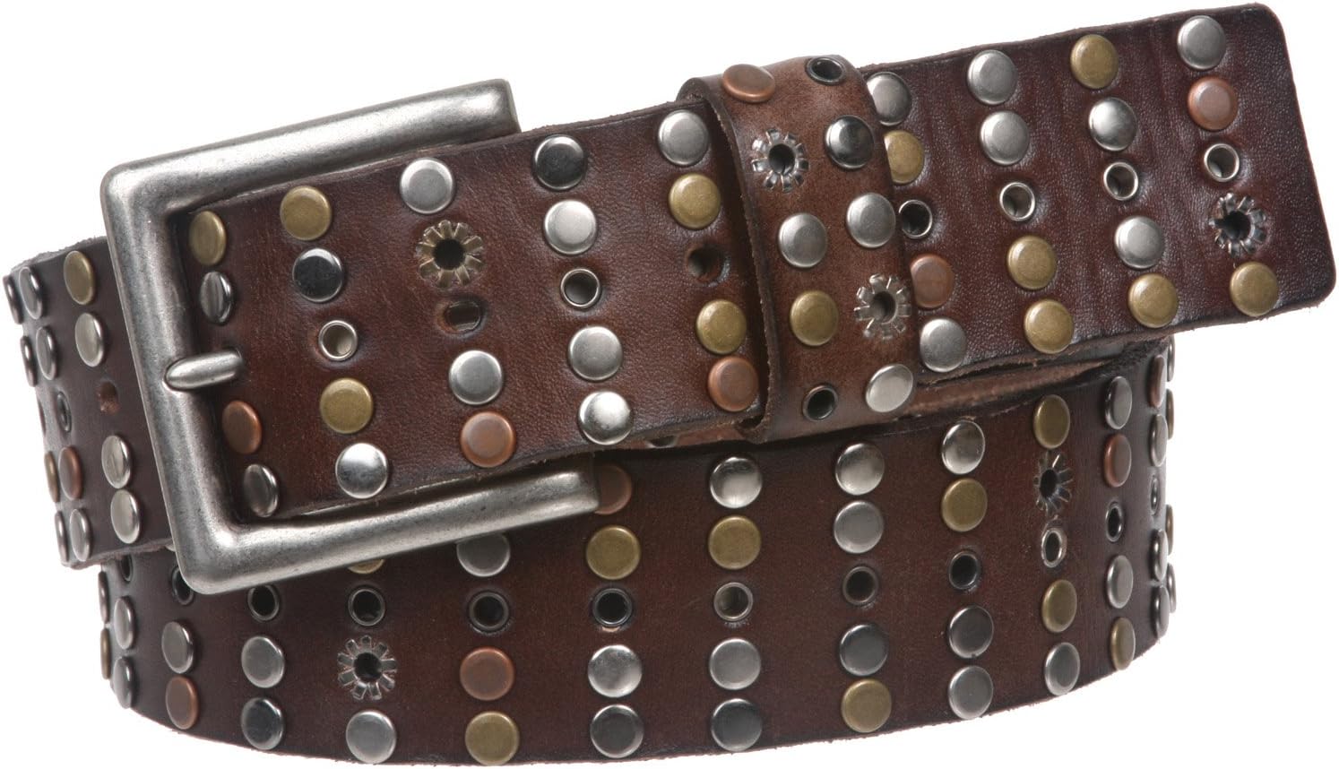 1 1/2" Cowhide Multi Metal Circle Studded Vintage Oil Tanned Leather Belt