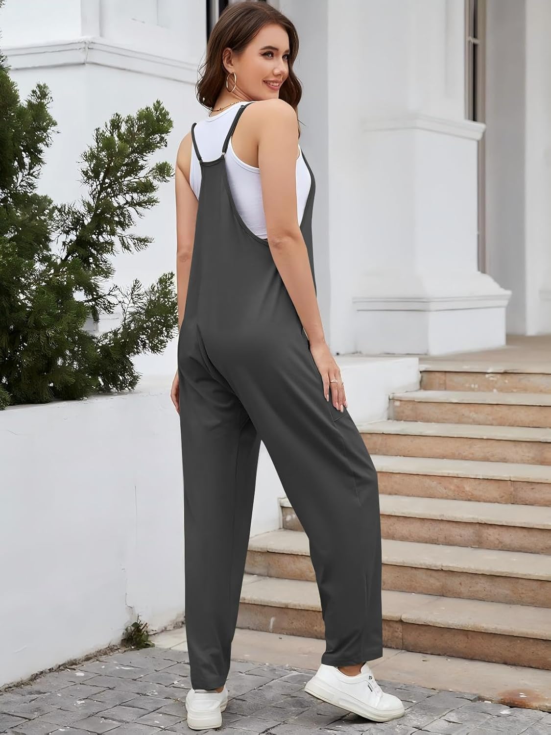 Muchpow Women's V Neck Sleeveless Jumpsuits Spaghetti Straps Harem Long Pants Overalls With Pockets - Image 3