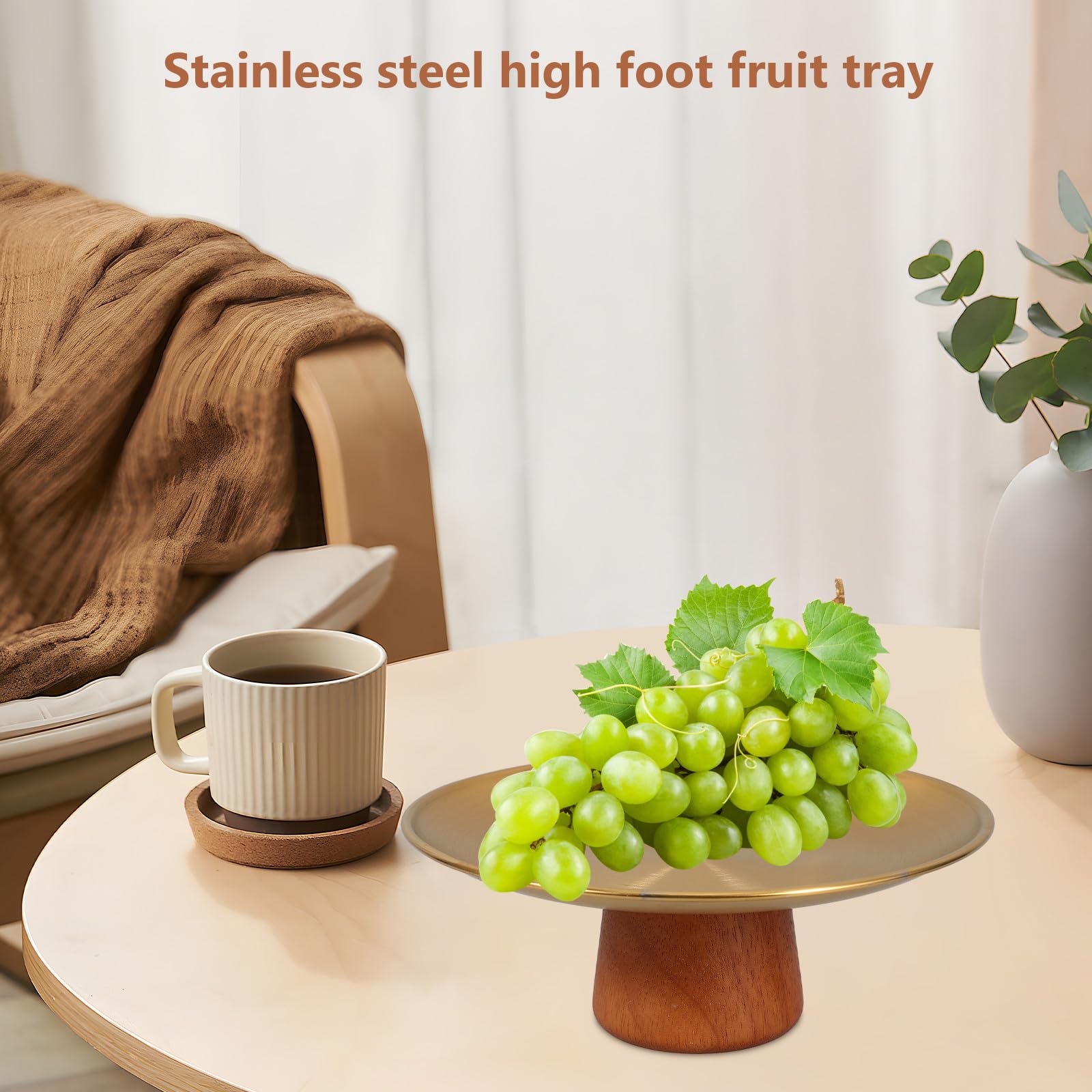 Elegante ciotola per frutta in acciaio inox con piede alto e base in legno, vassoio decorativo rotondo per frutta fresca, dessert e snack, robusta, facile da pulire, elegante espositore per cucina