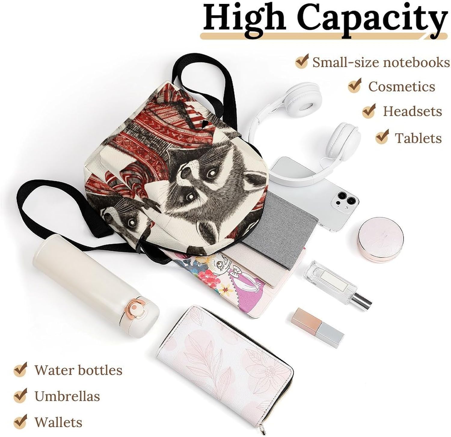 Waterproof Mini Backpack for Women - 10 Inch Oxford Lightweight Daypack Cute Bag Small Daypack Red Raccoon Painting Small Backpack Purse for Travel Work Weekender