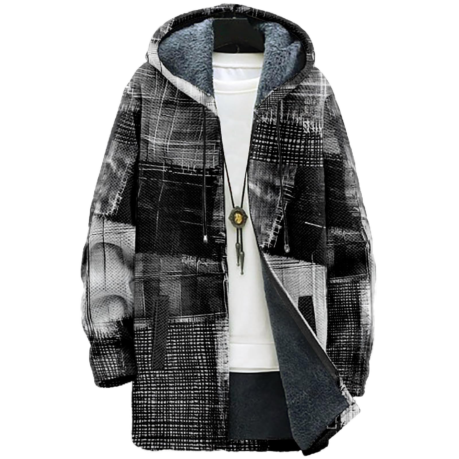 MARSVOVO Retro Patchwork Long Hooded Cardigan for Men Casual Stylish Fleece Lined Zip Up Hoodies Spring Fall Warm