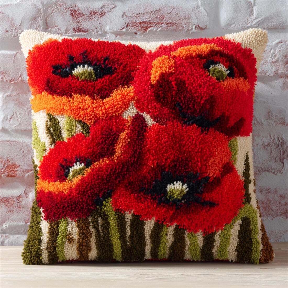 Kitquiver Cushion Making Kit Red Flowers Crochet Needlework Crafts with Latch Hook Tool for Adults DIY Handmade Home Cushion Kits Decor 17x17In
