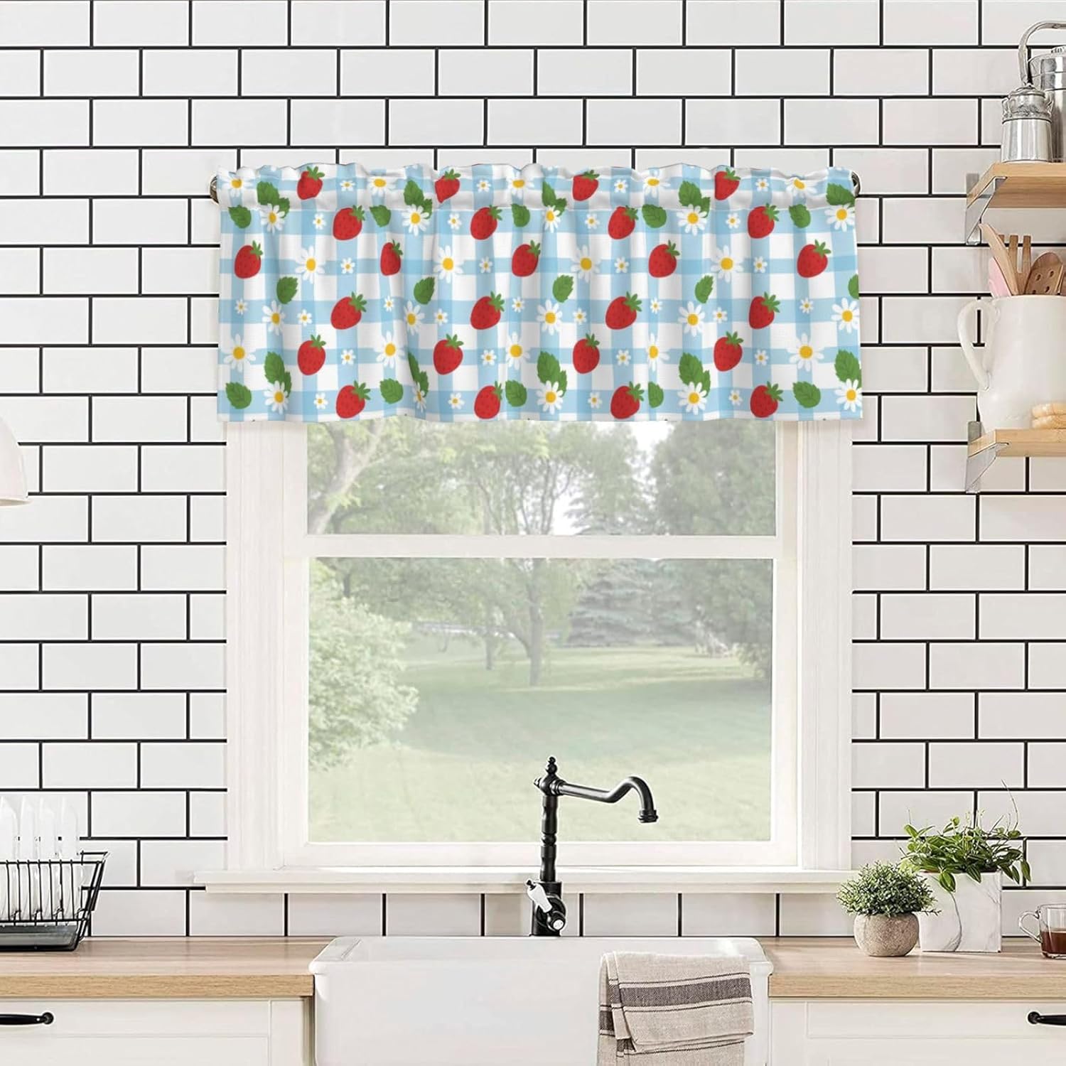 Valance for Windows Strawberry White Daisy Blue White Plaid Decorative Rod Pocket Kitchen Curtain Valances Short Window Valance Curtains for Living Room Bedroom Bathroom 1 Panel 54x18Inch
