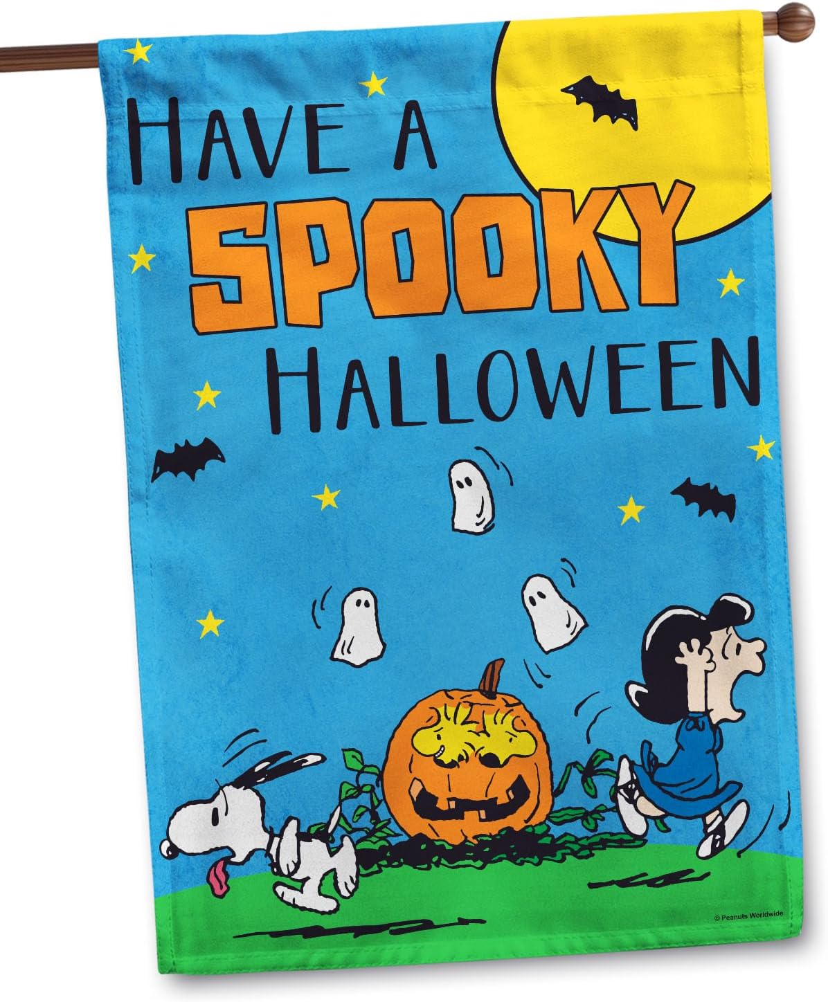 Flagology, PEANUTS® Spooky Halloween Snoopy and Lucy House Flag 28" x 40", Outdoor Flag, Exclusive Premium Fabric, Officially Licensed PEANUTS®, Halloween