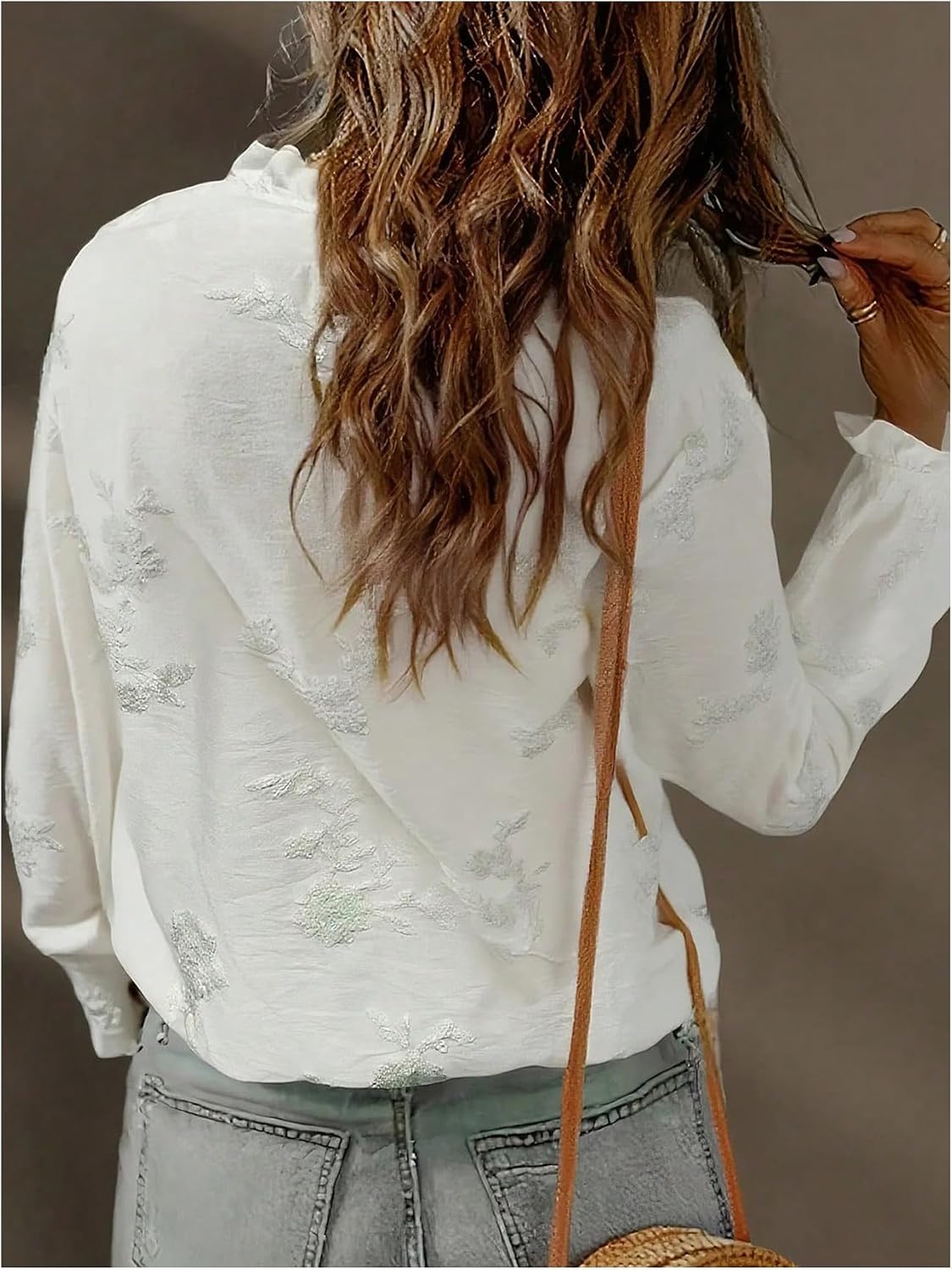 GORGLITTER Women's Boho Peasant Tops Floral Embroidered Sheer Bishop Long Sleeve Blouses Button Up Shirt Dressy Casual