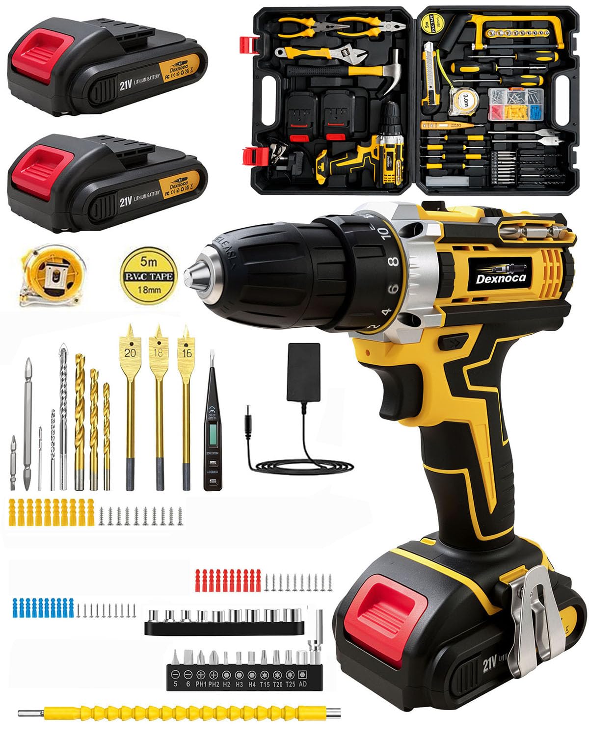 Dexnoca Yellow 147Pcs Cordless Drill Set, 21V Combi Drill, 45N.m Drill Driver With 2X 2.0Ah Batteries, 3/8” Keyless Chuck, Electric Screwdriver Kit For Furniture Assembly, Home Garden, Diy Project, Wood
