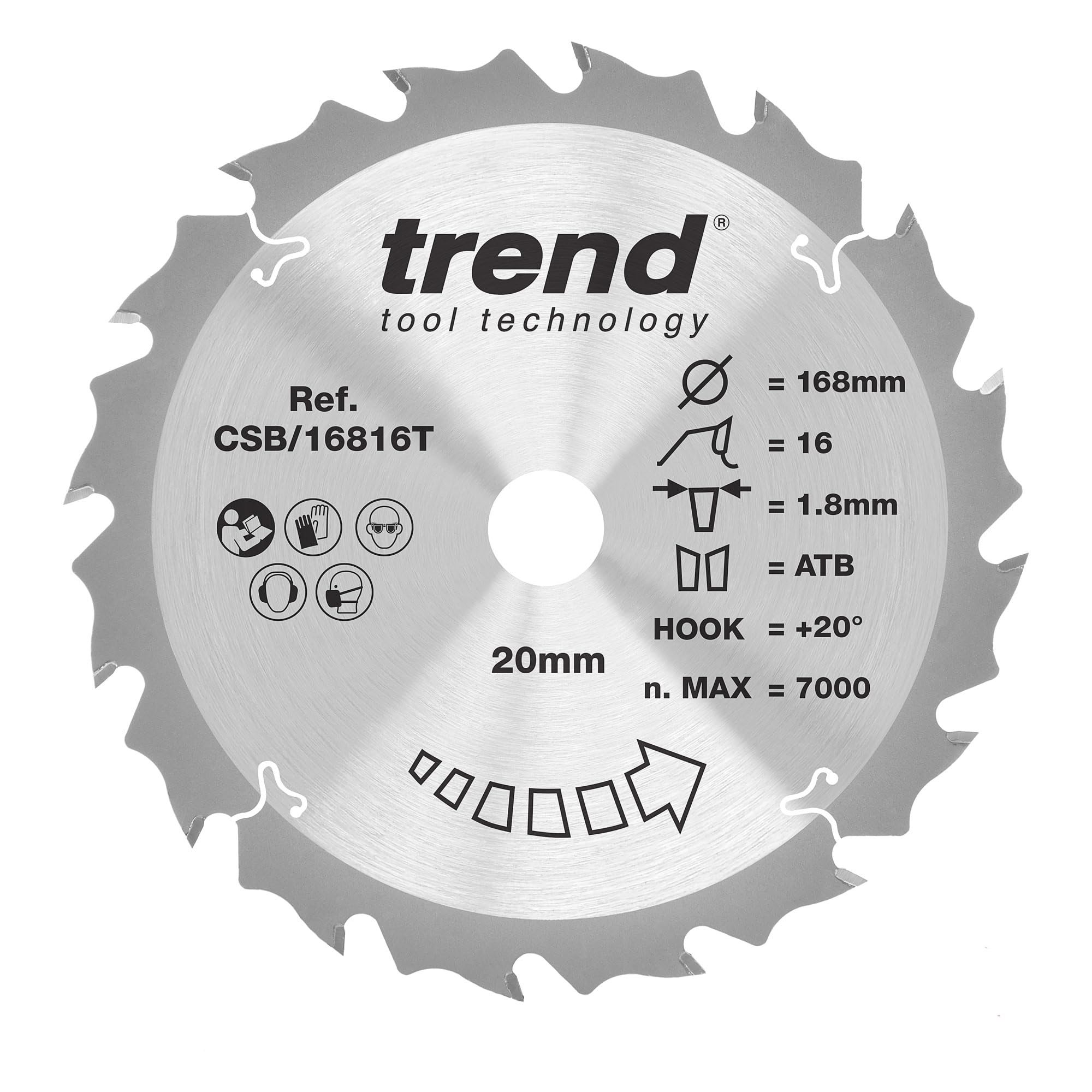 Trend Lame de scie circulaire sans fil Wood, diamètre 168 mm, alésage 20 mm, 16 dents, trait de scie 1,8 mm, crochet +20°, TCT, finition grossière, CSB/16816T
