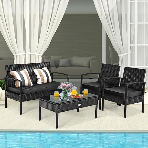 Miniatura 10 de HAPPYGRILL Juego de muebles de patio de 4 piezas, juego de conversación de mimbre de ratán para jardín, piscina, césped, sofá biplaza, asiento