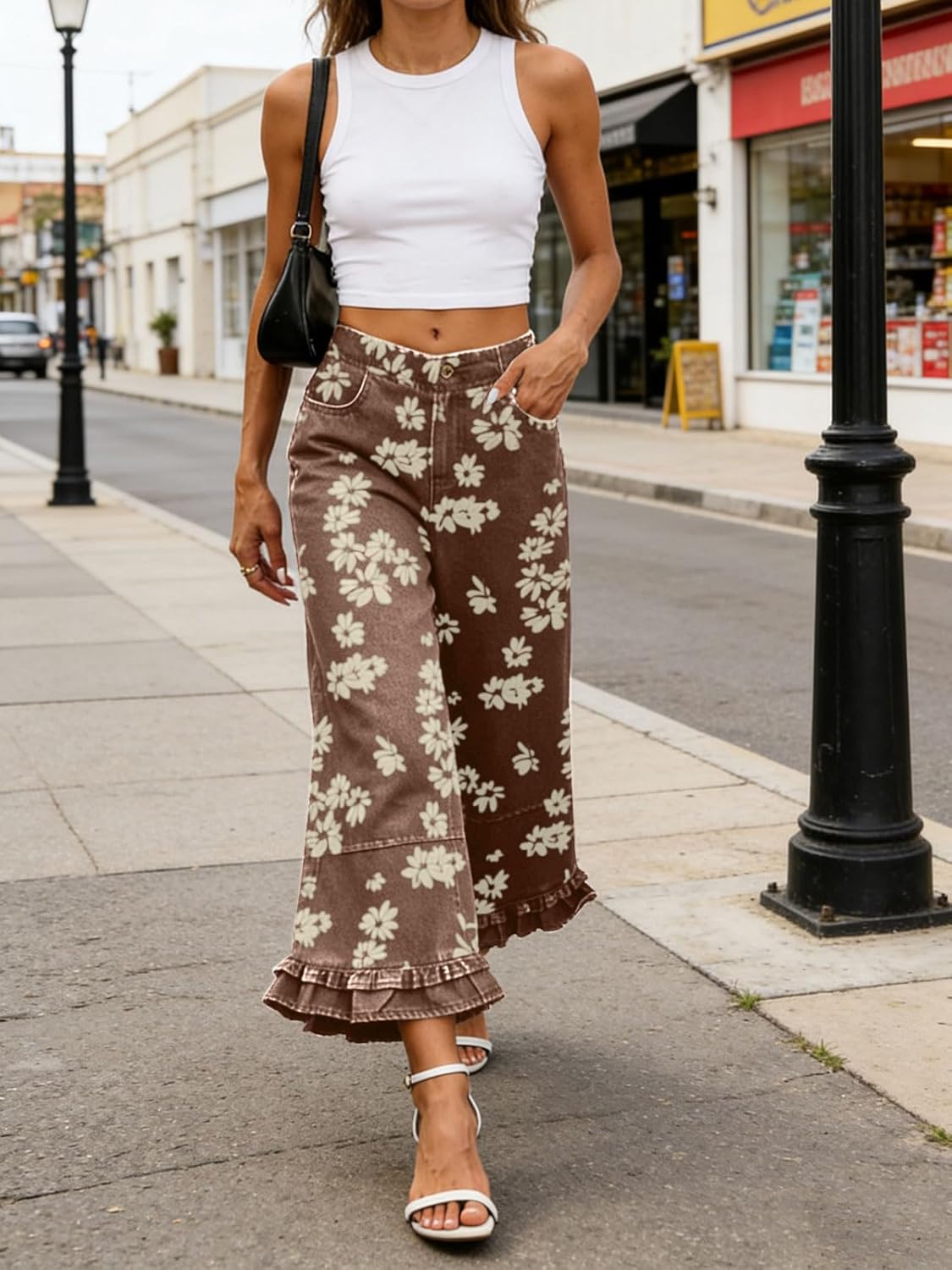 CHARTOU Women Y2k Crop Ruffle Hem Wide Leg Jeans Baggy Floral Print Patchwork Ankle Denim Pants with Pockets
