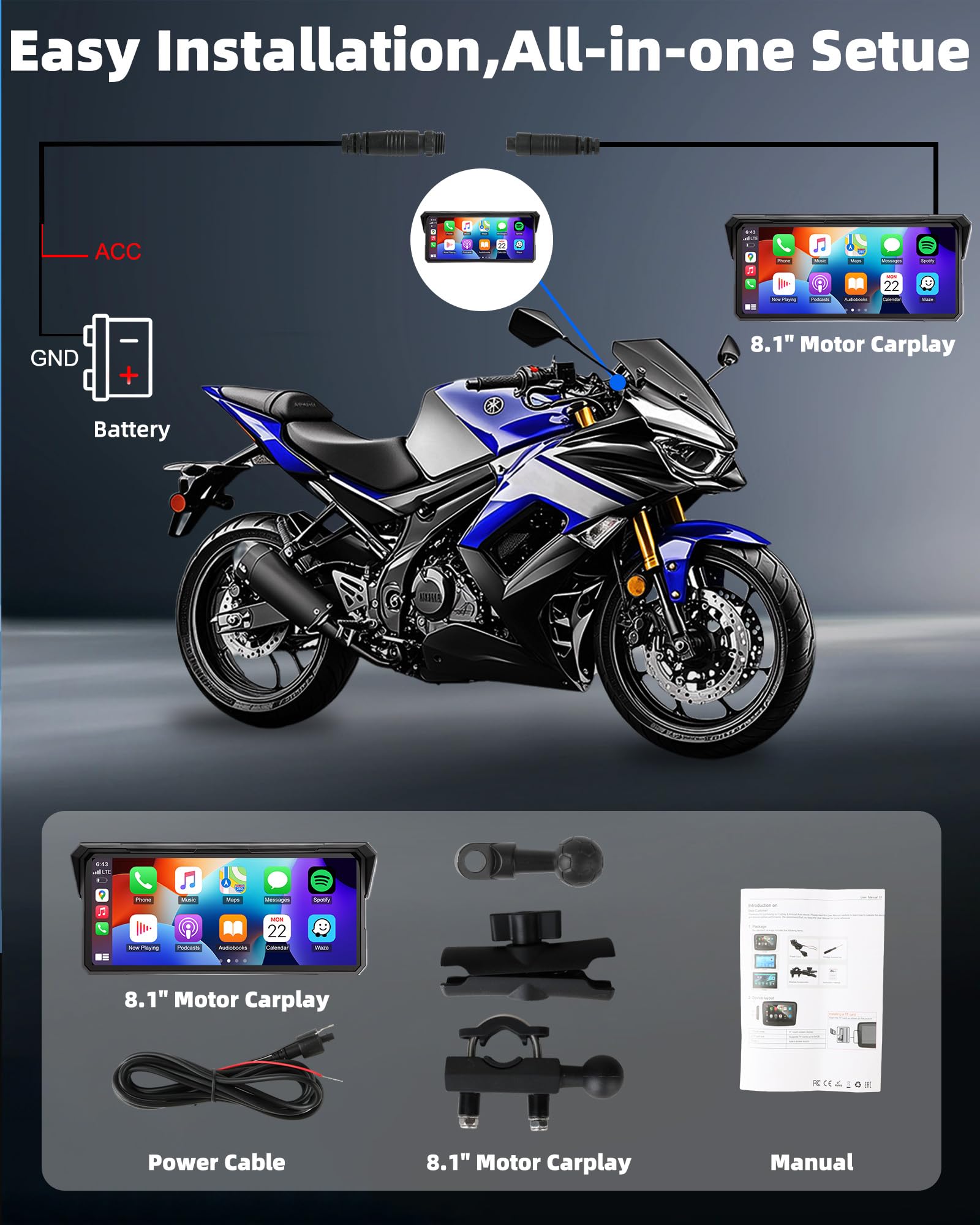 8,1 Zoll Motorrad Carplay Drahtloses Carplay und Android Auto für Motorräder, IP67 Wasserdichtes Touchscreen Motorrad Navi GPS, Bluetooth-Audio, Siri und Google