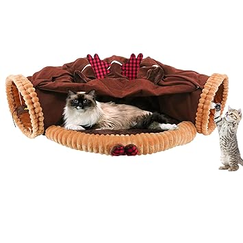 PetierWeit Cat Rabbit Brown Color Tunnel Bed with Mat, 2 Way Collapsible Tube with Scratching Ball, Interactive Toy Hand-Washable Perfect for Indoor Dogs, Cats, Rabbits, and Other Small Animals