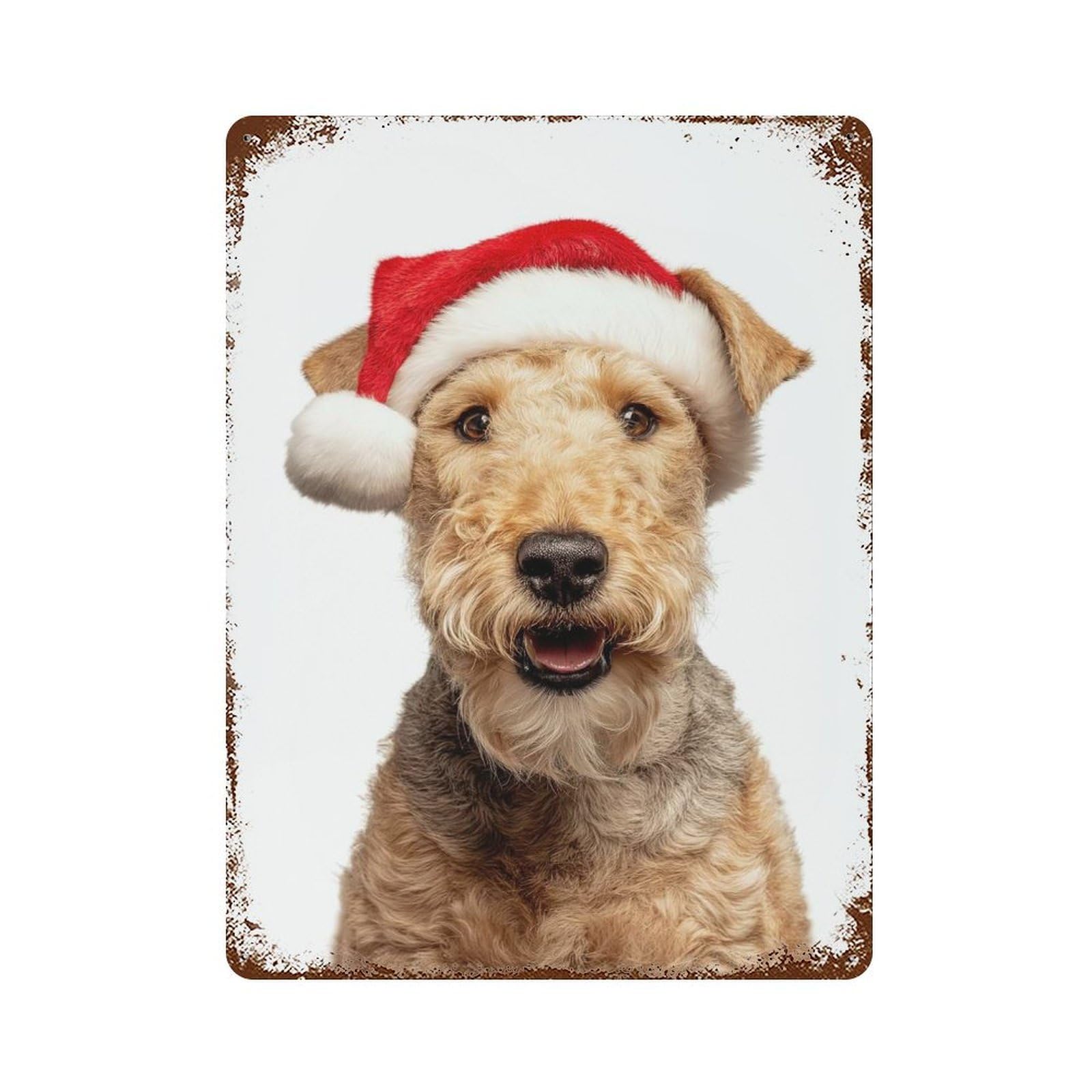 Vintage Rust Metal Sign with Lakeland Terrier Dog with Santa Hat Design 15.7"x11.8", for Shed, Workshop And Garage Wall Decor, Classic Wall Plaque