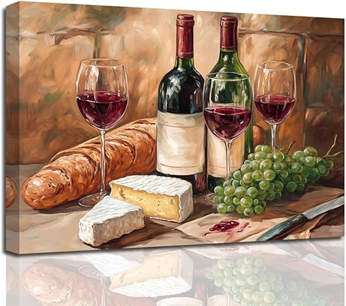 XLMDYYSW Arte de pared vintage para cocina, imagen rústica de vino tinto y uva, pintura de queso de granja, botella de vino, impresiones en lienzo