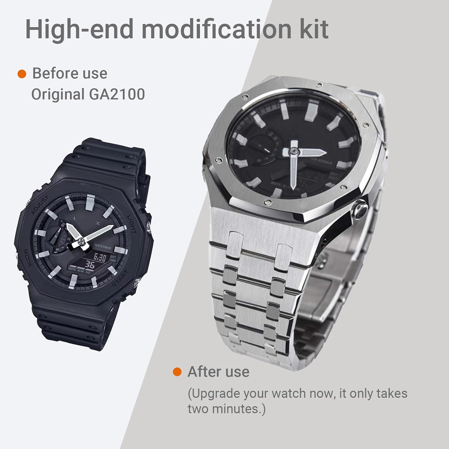 CasiOak Modification Kit – Compatible with Casio GA-2100/GA-B2100 – Full Metal Stainless Steel Bezel and Bracelet Set – Octagonal Design, DIY Upgrade Kit with Installation Tools