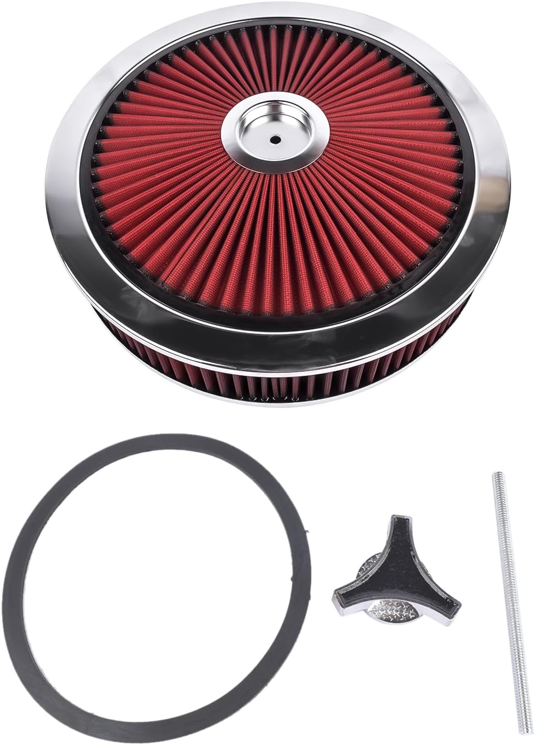 14" x 3" Chrome Red High Flow Thru Washable Air Cleaner Filter 5-1/8-inch neck flange Replacement for Chevy GMC SBC BBC