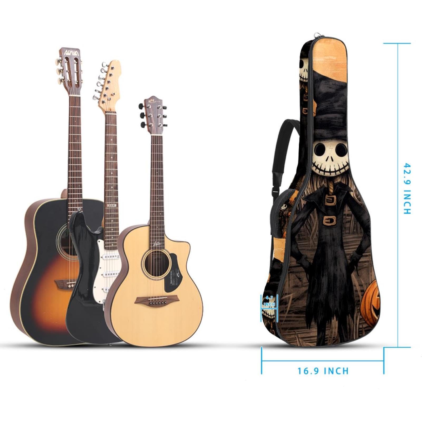 Tasche für Akustikgitarre mit zwei Taschen, Halloween, Kürbis-Vogelscheuche, Dekoration, 70 Grad, wasserabweisend, doppelt verstellbarer Schultergurt, Gitarrenkoffer, Gigbag,