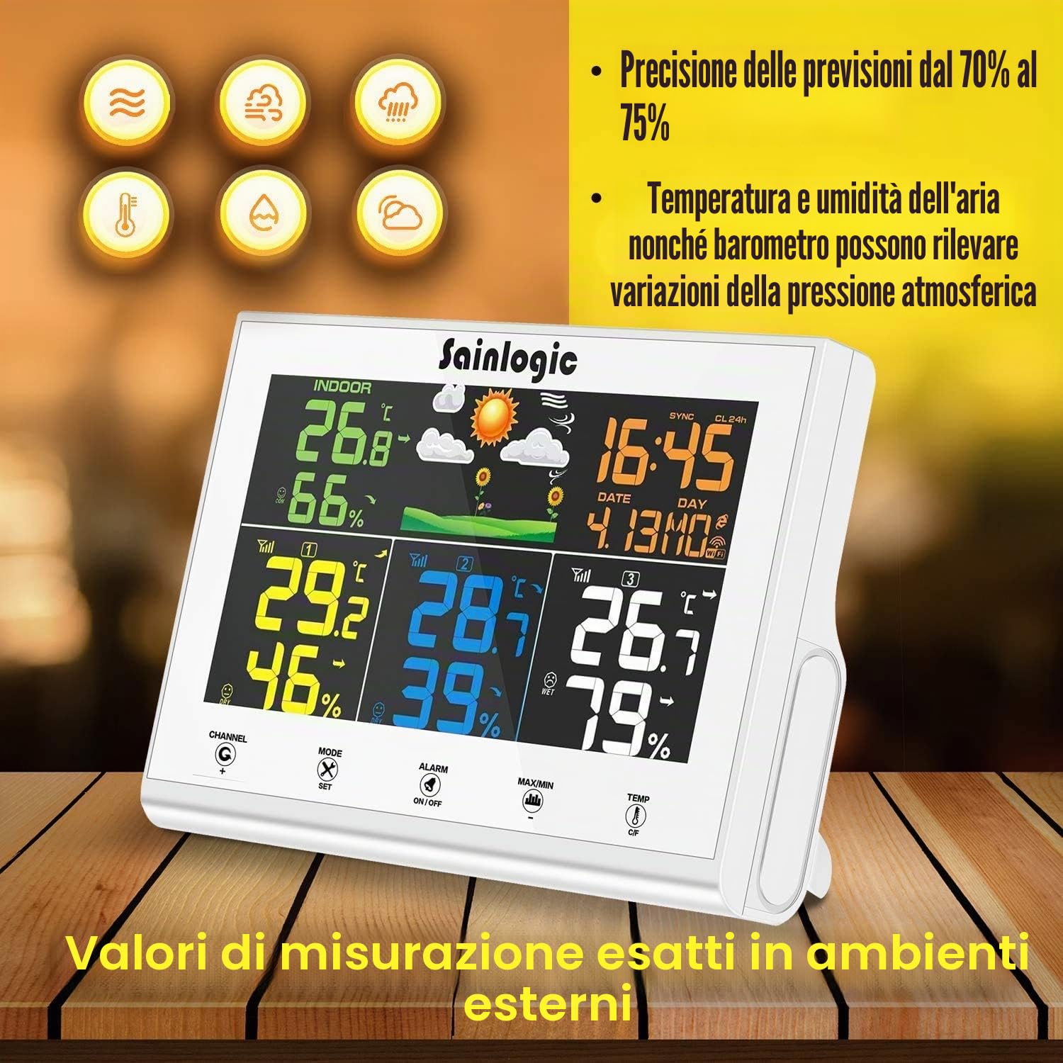 Sainlogic Stazione meteo radio con 3 sensori esterni, previsioni meteo, display a colori, termometro radio, igrometro con sensore esterno