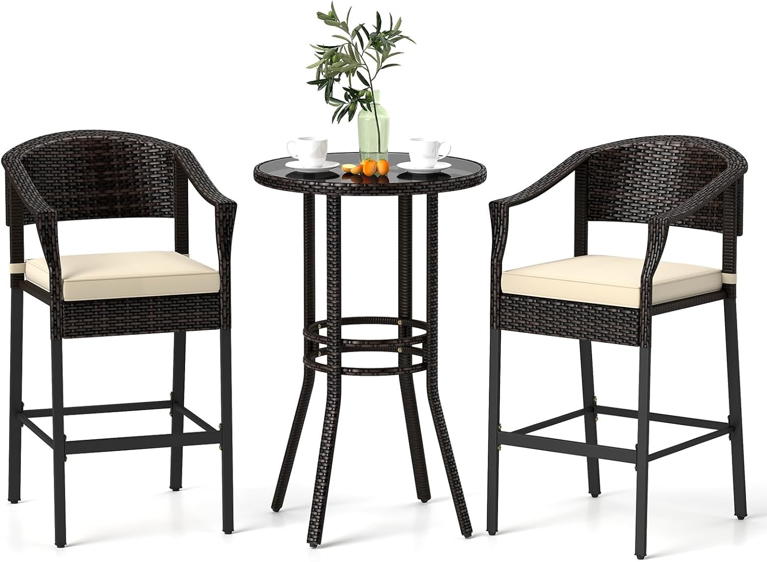 Tangkula 3-Piece Patio Rattan Bar Set, Wicker Bar Height Armchairs & Round Table w/Tempered Glass Top, Cushioned High Top Bistro Furniture with Footrest, for Backyard, Poolside, Porch