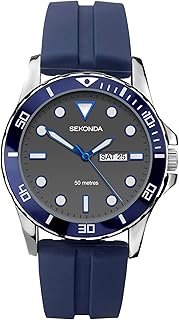 Sekonda Mens 43mm Balearic Analogue Sports Watch with Day Date Window Fixed Bezel Rubber Strap Water Resistant 50 metres
