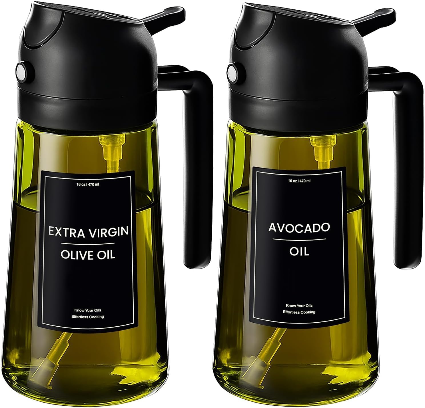 16oz/470ml Glass Olive Oil Sprayer for Cooking - 2 in 1 Olive Oil Dispenser for Kitchen Gadgets, Air Fryer, Salad, and BBQ (Black & Black)
