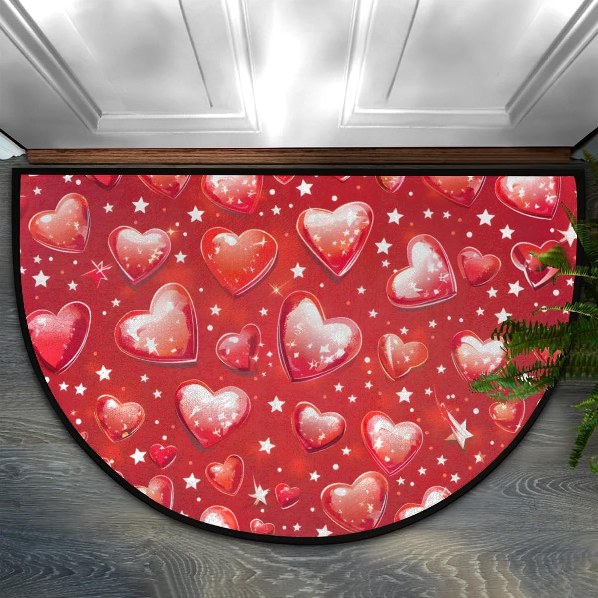 Half Round Door Mat Valentine's Day Heart Red Love Non-Slip Semi Circle Area Rug Washable Semi Circle Floor Rug for Indoor Outdoor Living Room Bathroom Kitchen Patio Hearth Rugs Home Decoration