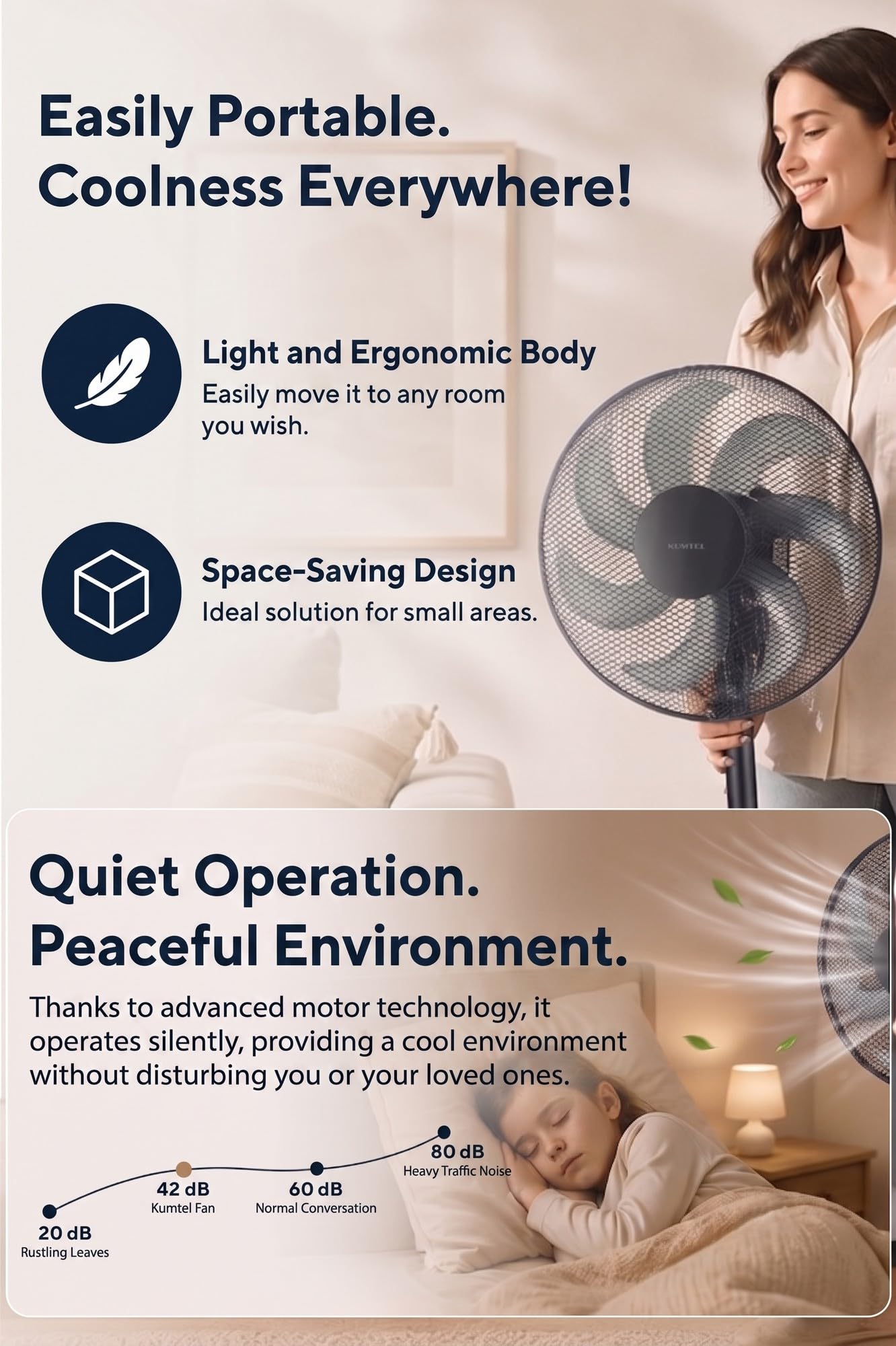 Opviq Kumtel Potente Ventilatore Nero 50W 130cm Altezza Regolabile 7 Pale 3 Velocità Silenzioso Motore In Rame Efficiente