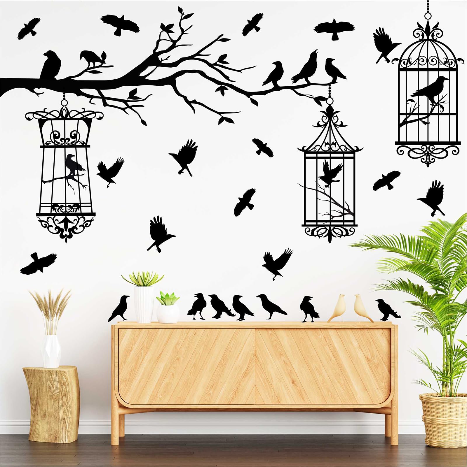 MOSITU Crow Wall Decals 34 Pcs Black Raven Stickers with Tree Branch and Bird Cage Removable Vinyl Wall Art for Bedroom Living Room Goth Farmhouse Decor - Image 2