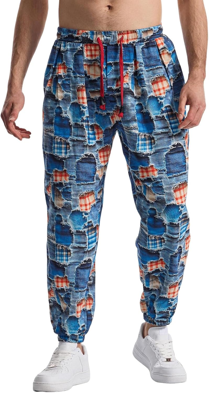 MakingDa Herentrainingsbroek, katoen, 3D-opdruk, met elastische taille, hippie, harembroek, cargobroek voor strandwandeling, hardlopen, jogging, joggingbroek, XXL