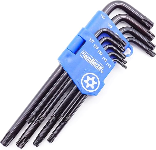 HemBorta® Security Torx Key Set 9pcs Torx Allen Key Set T10-T50 Long Star Keys, Tamper Proof Star Key Wrench Set with Holes on Both Ends T10, T15, T20, T25, T27, T30, T40, T45 & T50, CRV Steel