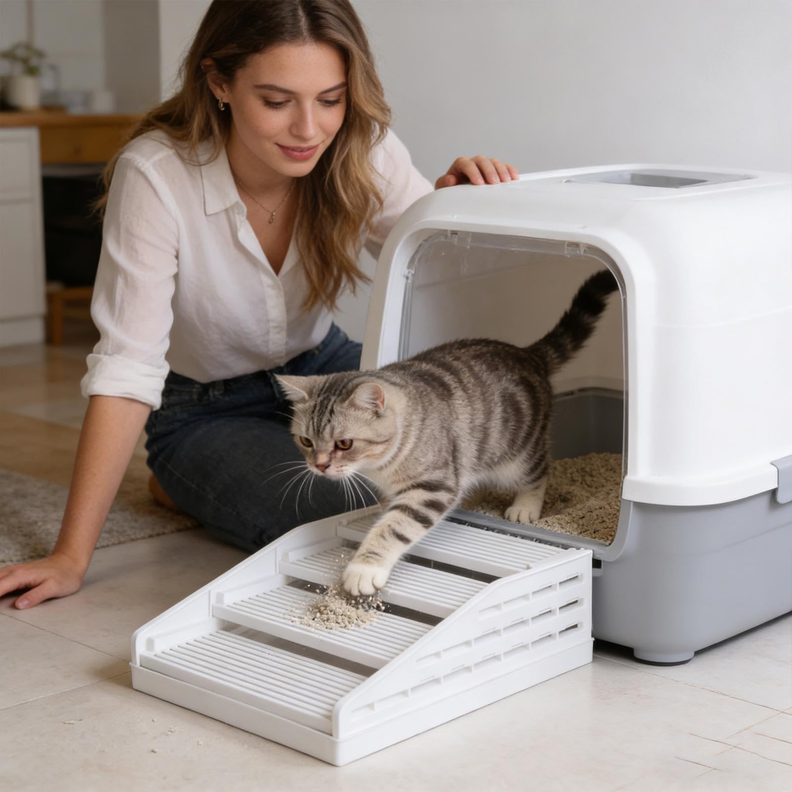 Katzenstreu-Matte - Große 2-lagige spritzwassergeschützte Doppelschicht - Doppelte Schicht Spritzwassergeschützt - Abnehmbare Stufen und Tierfallen zur Reinigung der Arricchimen Katzentoilette