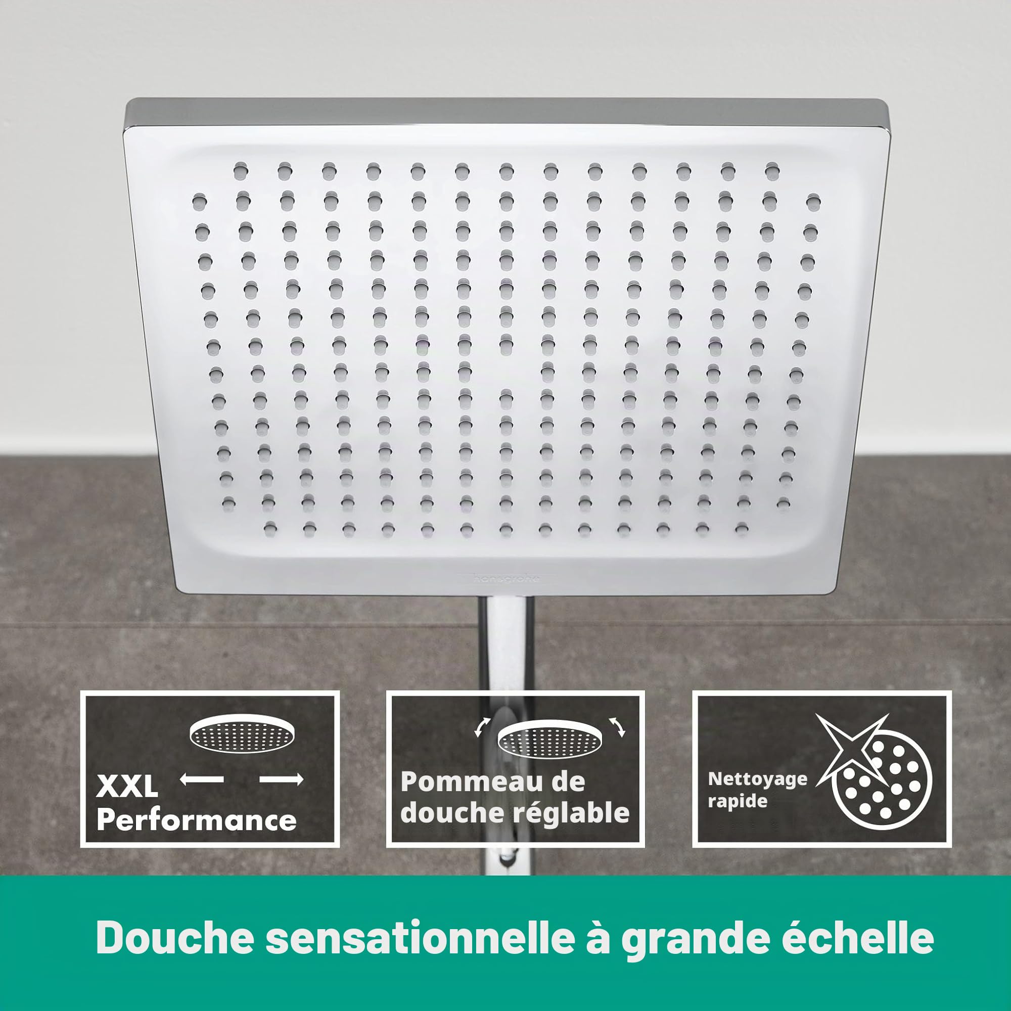 hansgrohe Crometta E - Colonne de douche économie d'eau (EcoSmart) avec mitigeur thermostatique, douche pluie (240 x 240mm), douchette, support, flexible, barre et douche de tête, Chromé, 27281000