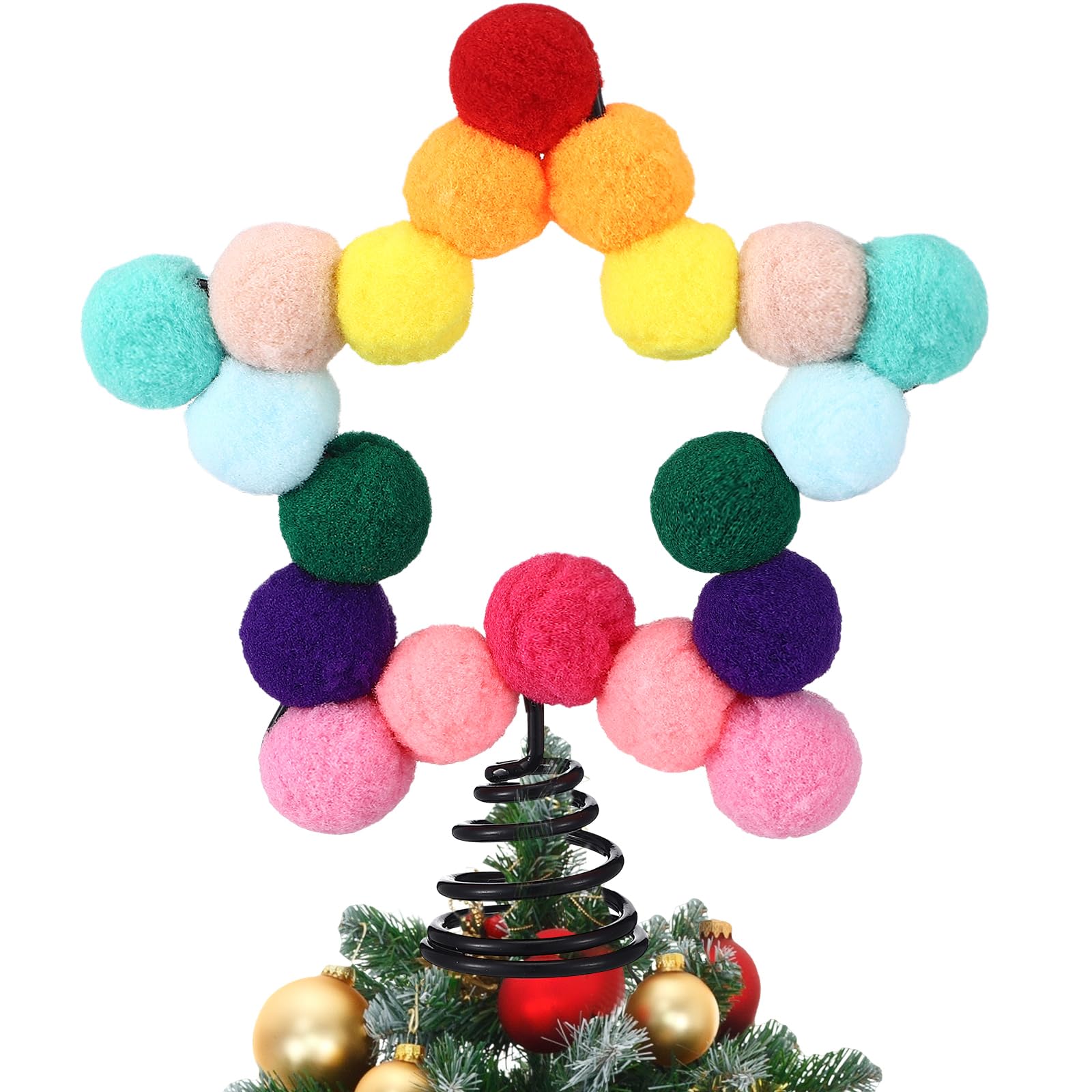 RoundFunny Regenbogen-Filzkugel-Stern, Weihnachtsbaumspitze, bunte Bommel, Filzkugel, Weihnachtsbaumspitze, bunt, fünfzackiger Stern, Weihnachtsdekoration zur Dekoration (12,9 x 15,9 cm)