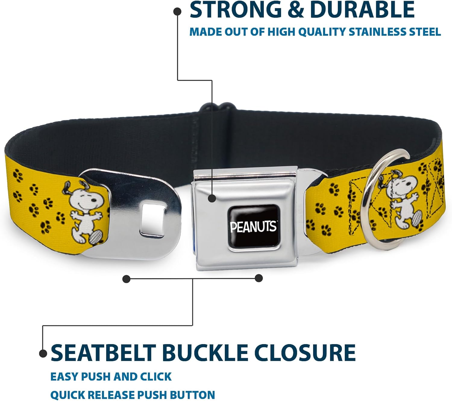 Peanuts Worldwide LLC Pet Collar, Dog Collar Metal Seatbelt Buckle, Peanuts Snoopy Smiling Pose Paw Print Yellow Black White, 11 to 16.5 Inches 1.0 Inch Wide