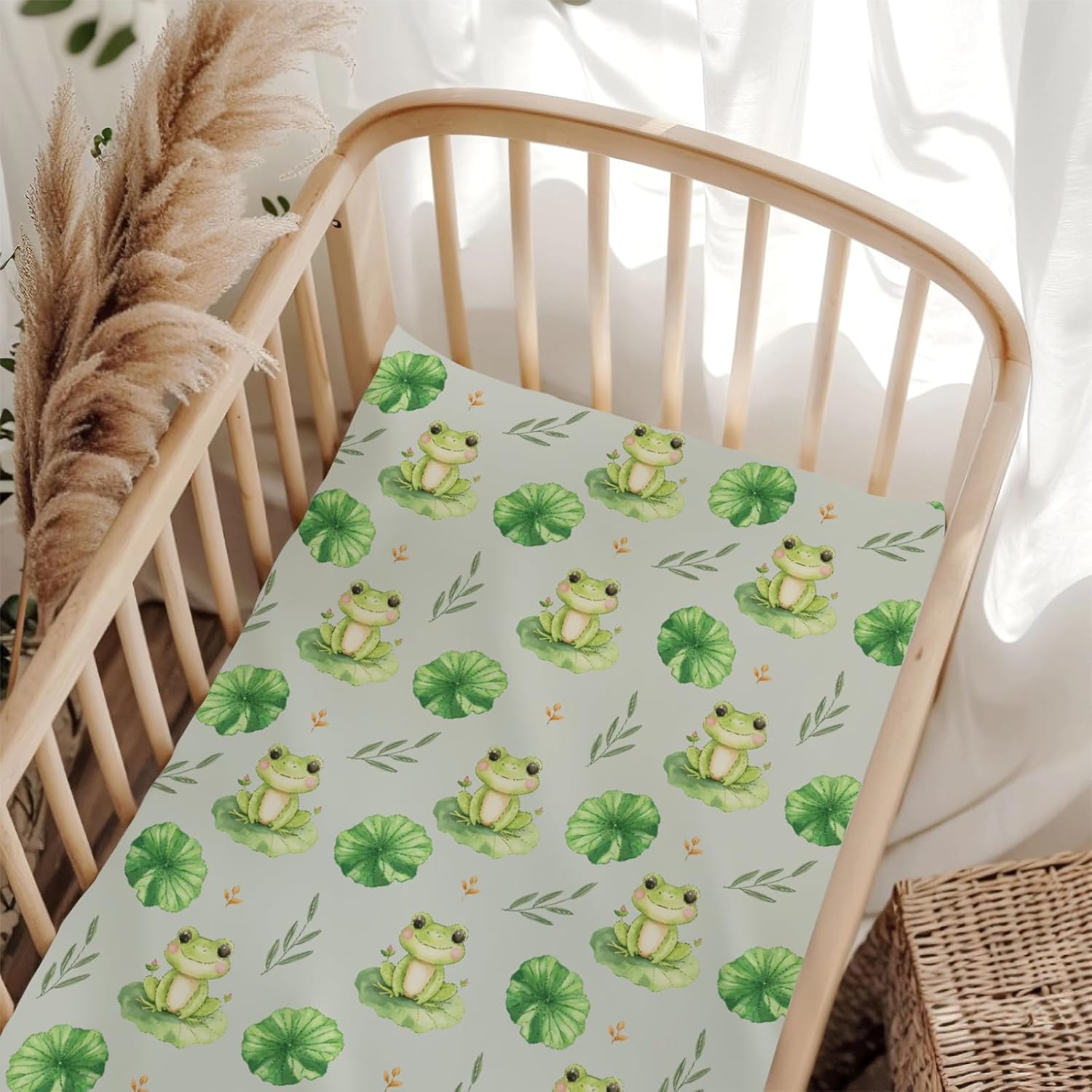 Cute Frogs Floral Leaves Baby Crib Sheets for Boy Girl 28"x52" Breathable Green Frogs Pond Baby Sheet for Standard Crib and Toddler Mattress Animal Nursery Bed Sheets Green One Size