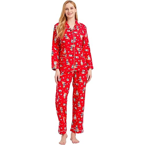 GLOBAL Comfy Pajamas for Women 2-Piece Warm and Cozy Flannel Pj Set of Loungewear Button Front Top Pants