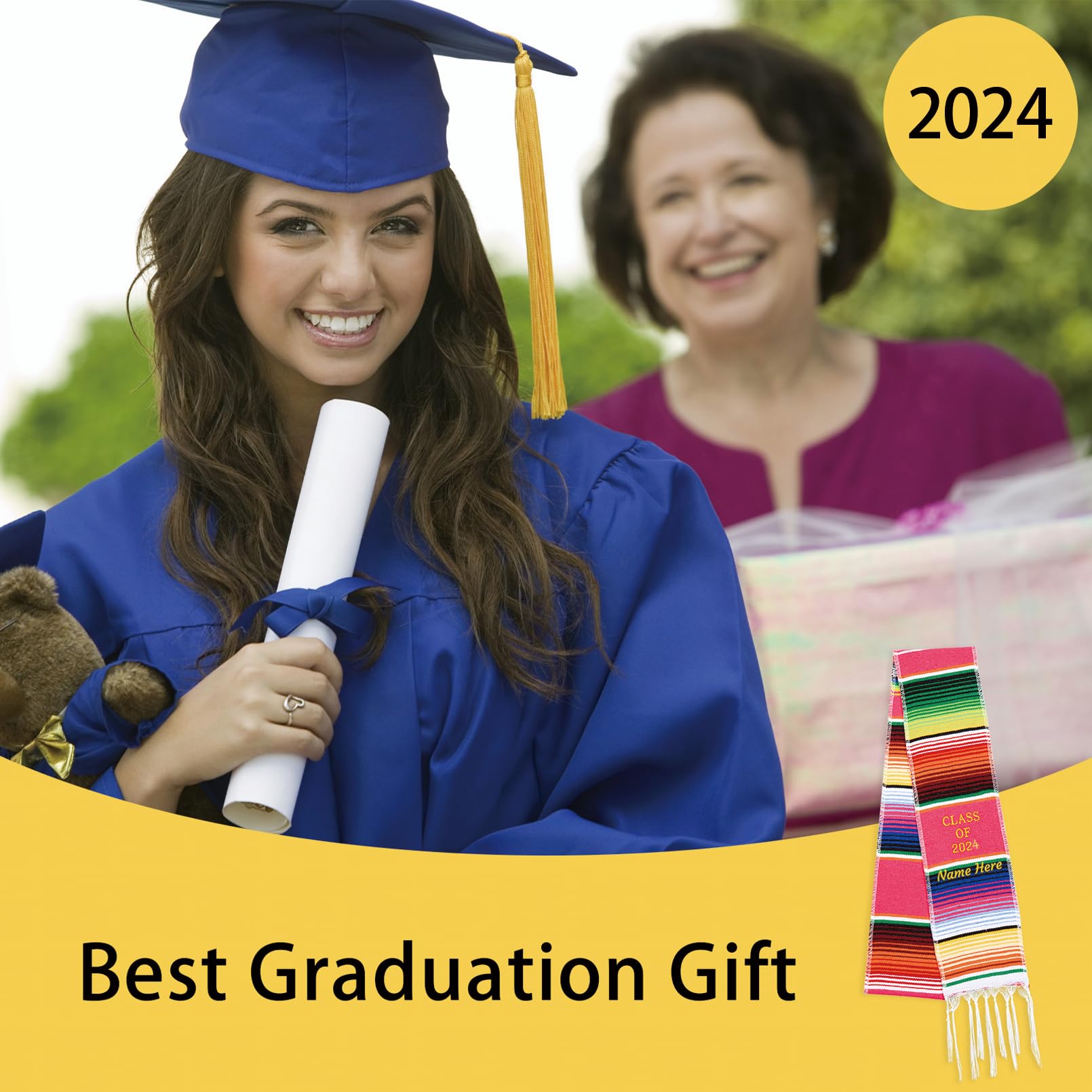 Graduation Stole, Personalized 2024 Mexican Serape Embroidery Customization, Graduation Sash Class of 2024 (Pink)