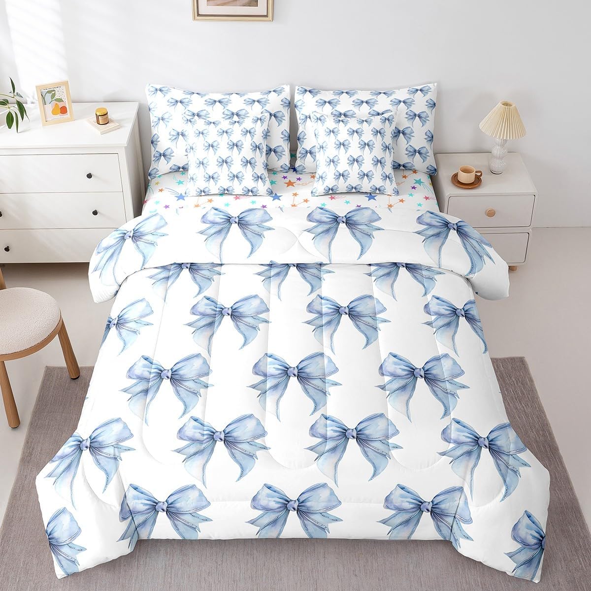 jejeloiu Girl Blue Bowknot Queen Size 7 Pieces Comforter Set Watercolor Ribbon Bow Bedding Set Fairy Princess Themed Bed Set Bed in a Bag with Comforter, Sheets, Pillowcases & Cushion Covers