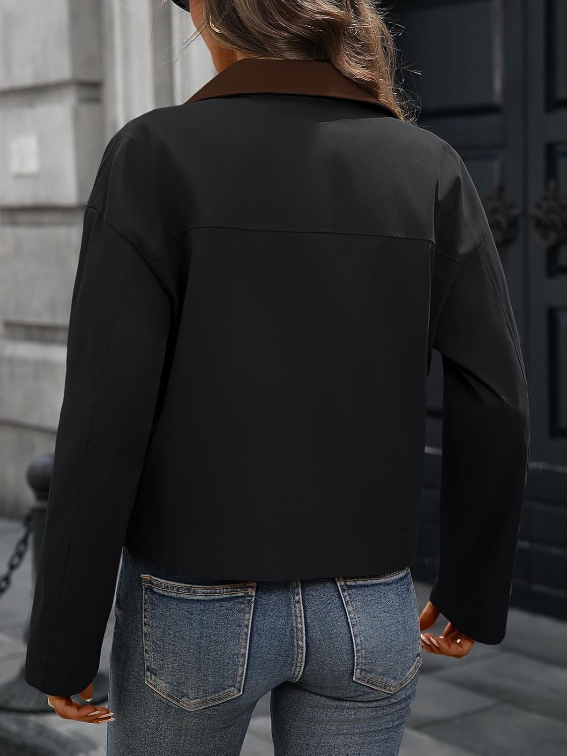 Women's Cropped Zip up Jacket Contrast Collar Long Sleeve Snap Button Oversize Causal Jackets Utility Pockets - Image 6