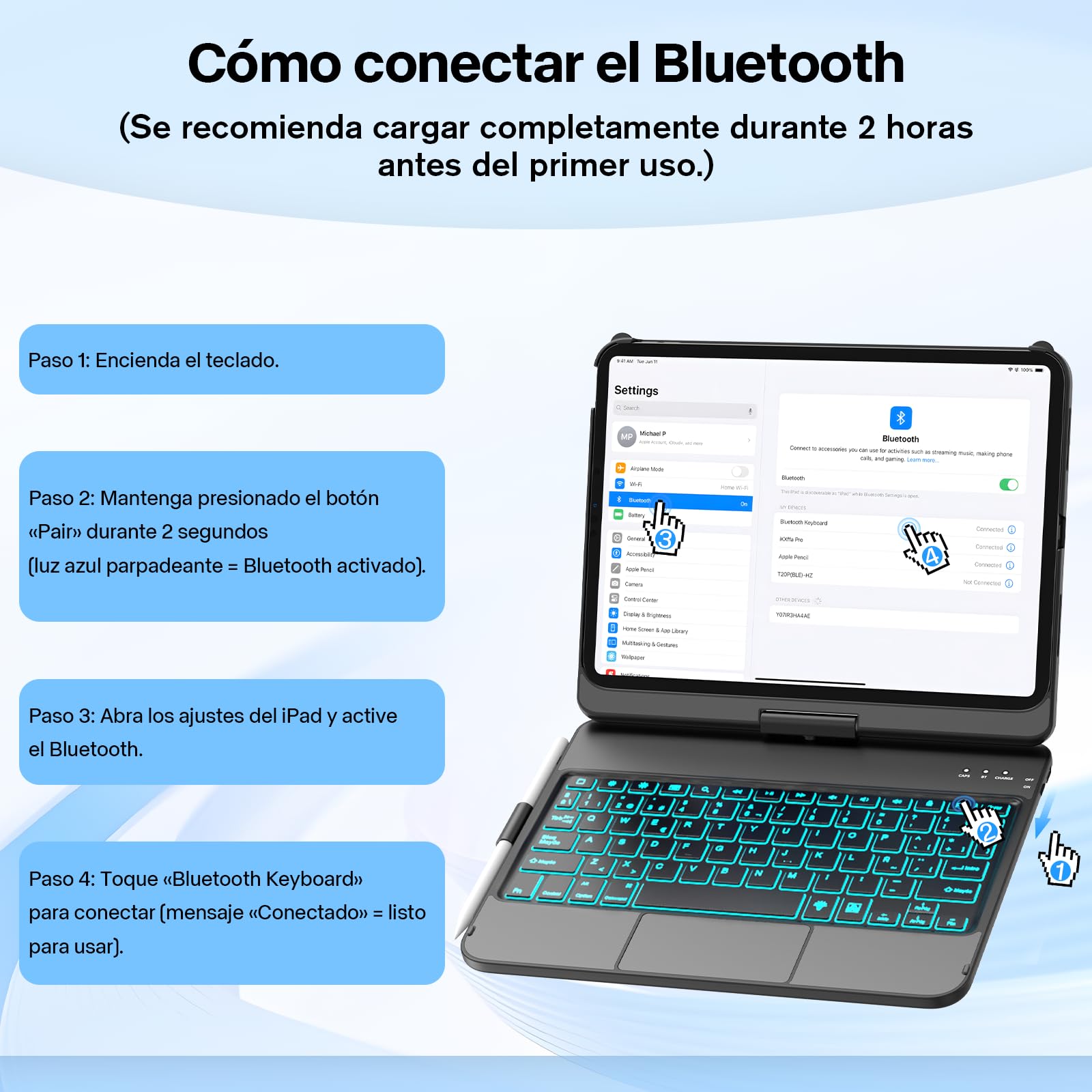 KBCASE Funda con Teclado para iPad Pro 11" (M5/M4, 2025/2024), Teclado Giratorio 360° con Panel Táctil, Iluminación Trasera de 7 Colores (Negro)