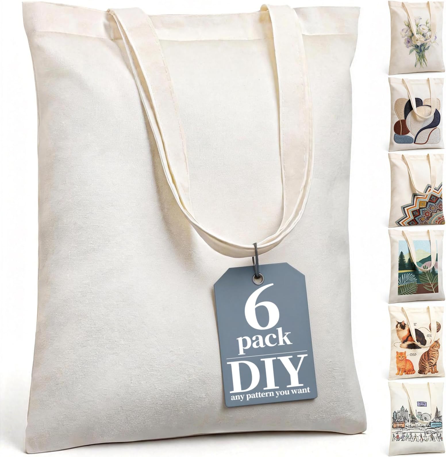 HOTOR 6 Pack DIY Canvas Tote Bag – Plain Lightweight Reusable Grocery Bags, Easy to Carry for Gift, Shopping, Work, 15.7" x 13", Beige