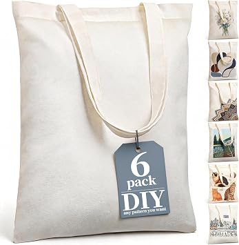 HOTOR Canvas Tote Bag, 6 Pack DIY Reusable Grocery Bags | Gift, Shopping, Work, Plain Lightweight, Easy to Carry, Beige, 15.7 x 13 in