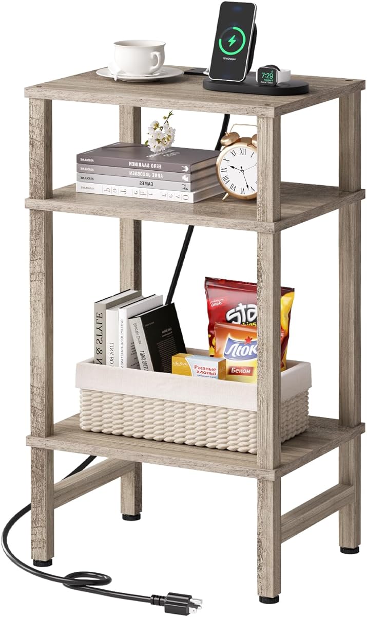 3 Tier End Table with Storage and Fast Charging Station, Tall Narrow Nightstand with Type C and USB Port, Small Side Table for Living Room, Bedroom, Office, Greige