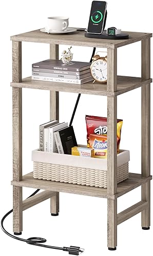 Vista 9 de Mesa auxiliar de 3 niveles con estación de almacenamiento y carga rápida, mesita de noche alta y estrecha con puerto tipo C y USB, mesa auxiliar