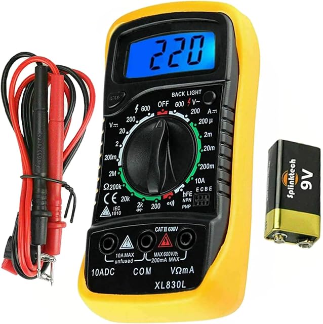 Digital Multimeter AC/DC Voltage DC Current Resistance Diodes Transistor Continuity Electrical Frequency Circuit Test Meter Car Battery Multi Tester Voltmeter Ammeter Ohmmeter Test Leads LCD Backlight