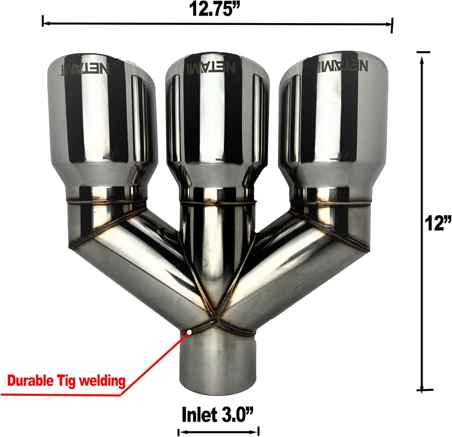 NETAMI 3" Inlet to 4" Triple Outlets Stainless Steel Exhaust Tip Dual Wall Chrome Polished