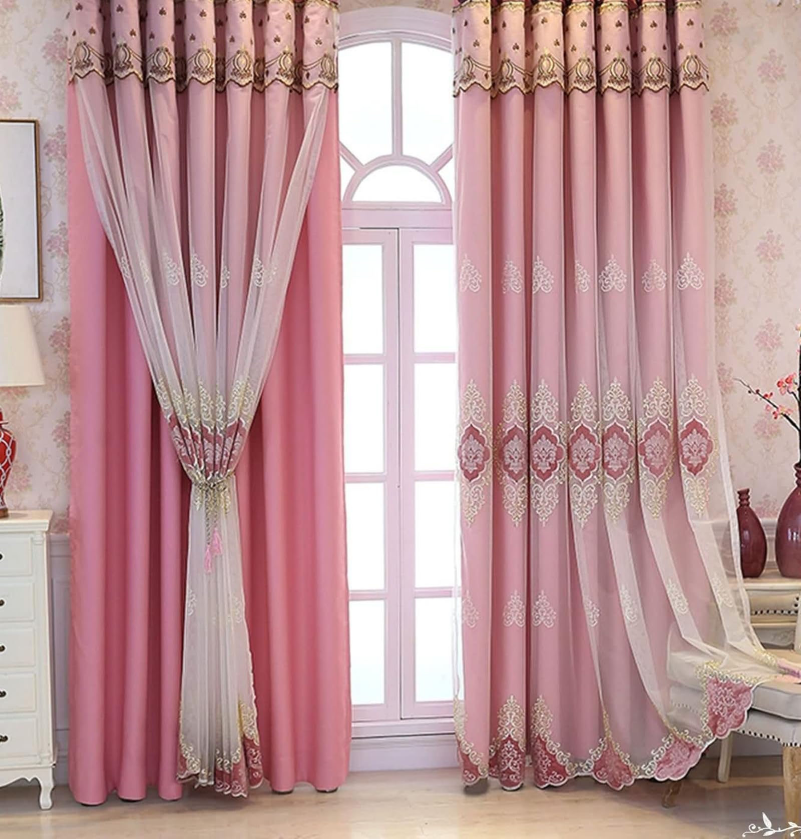 Rideau de fenetre occultant rose uni Beydodo avec voilage brode 86x183cm lot de 2