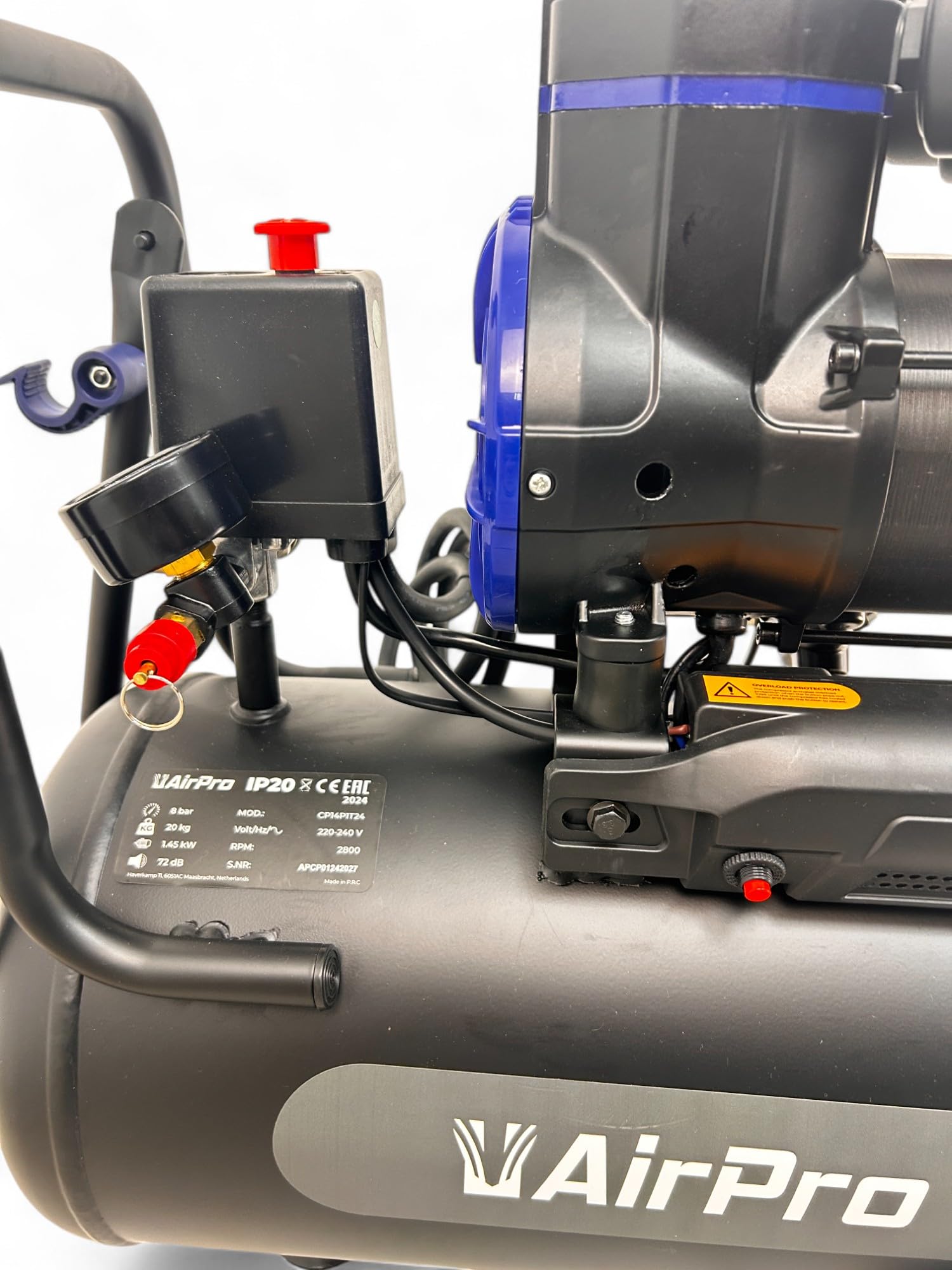 Airpro Compressore d'aria 2 CV, serbatoio da 24 l, compressore ad aria compressa senza olio (72 dB), 8 bar, 250 l/min, esente da manutenzione per officina e casa