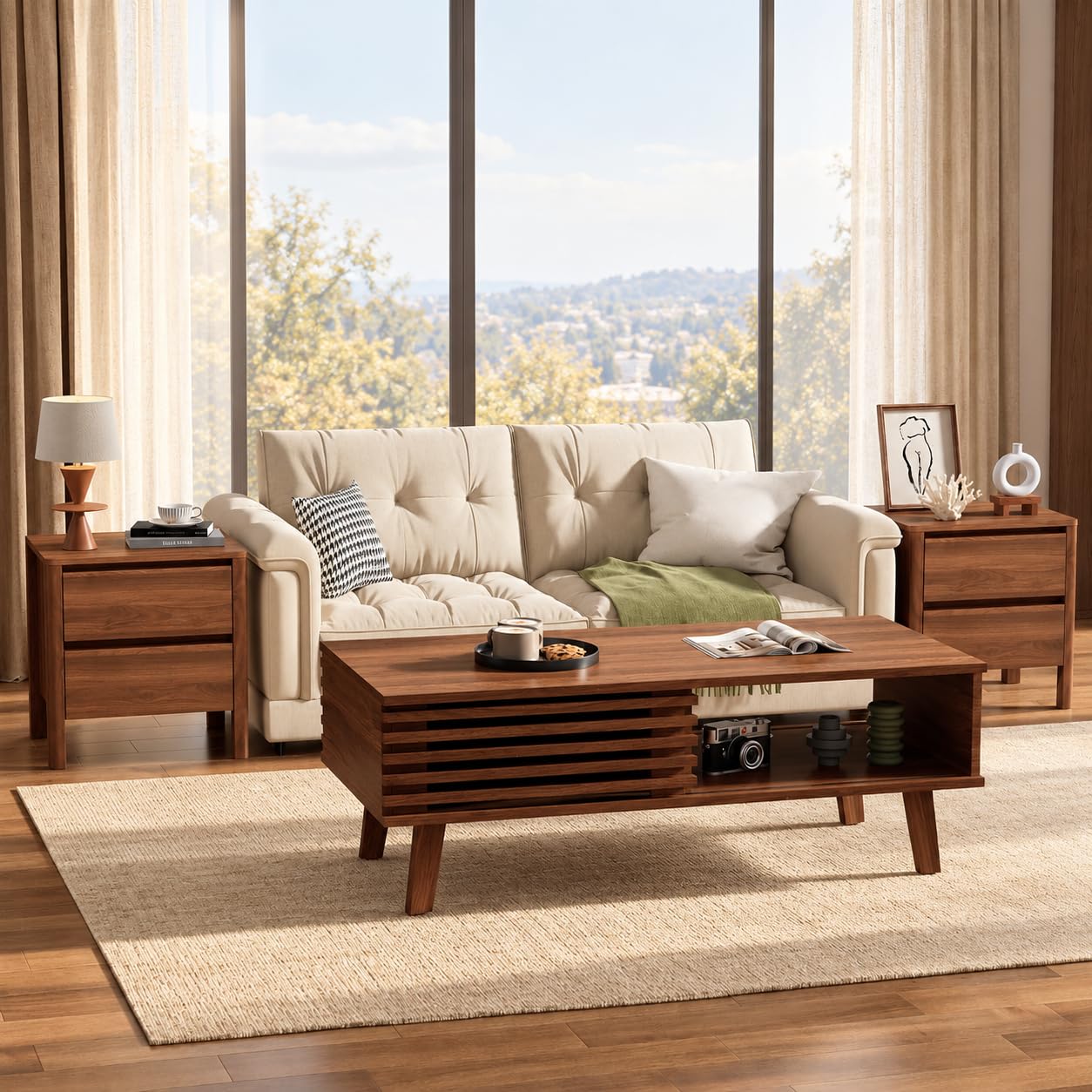 Furniway Mid Century Coffee Table Set, Living Room Table Set of 3 with Sliding Door Storage, Coffee Table and 2 End Tables, Walnut